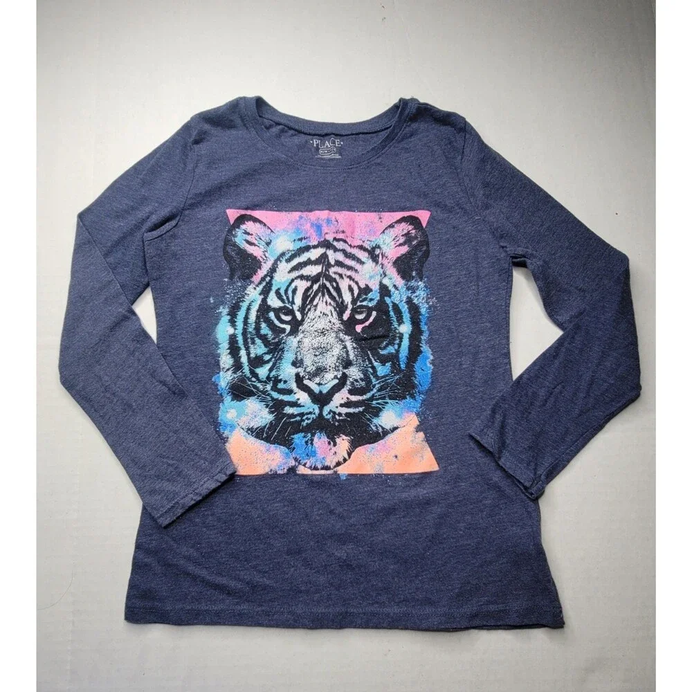 The Children's Place Girl's Graphic Long Sleeve Tiger T-Shirt Blue Size M 7/8